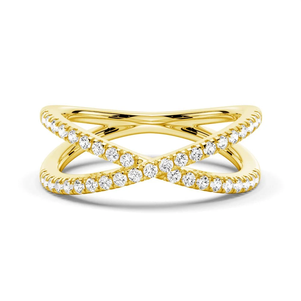 Front view of 1.6mm French pave round moissanite crossover wedding band in yellow gold color