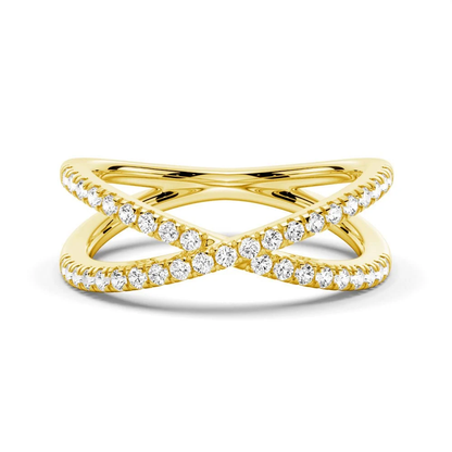 Front view of 1.6mm French pave round moissanite crossover wedding band in yellow gold color