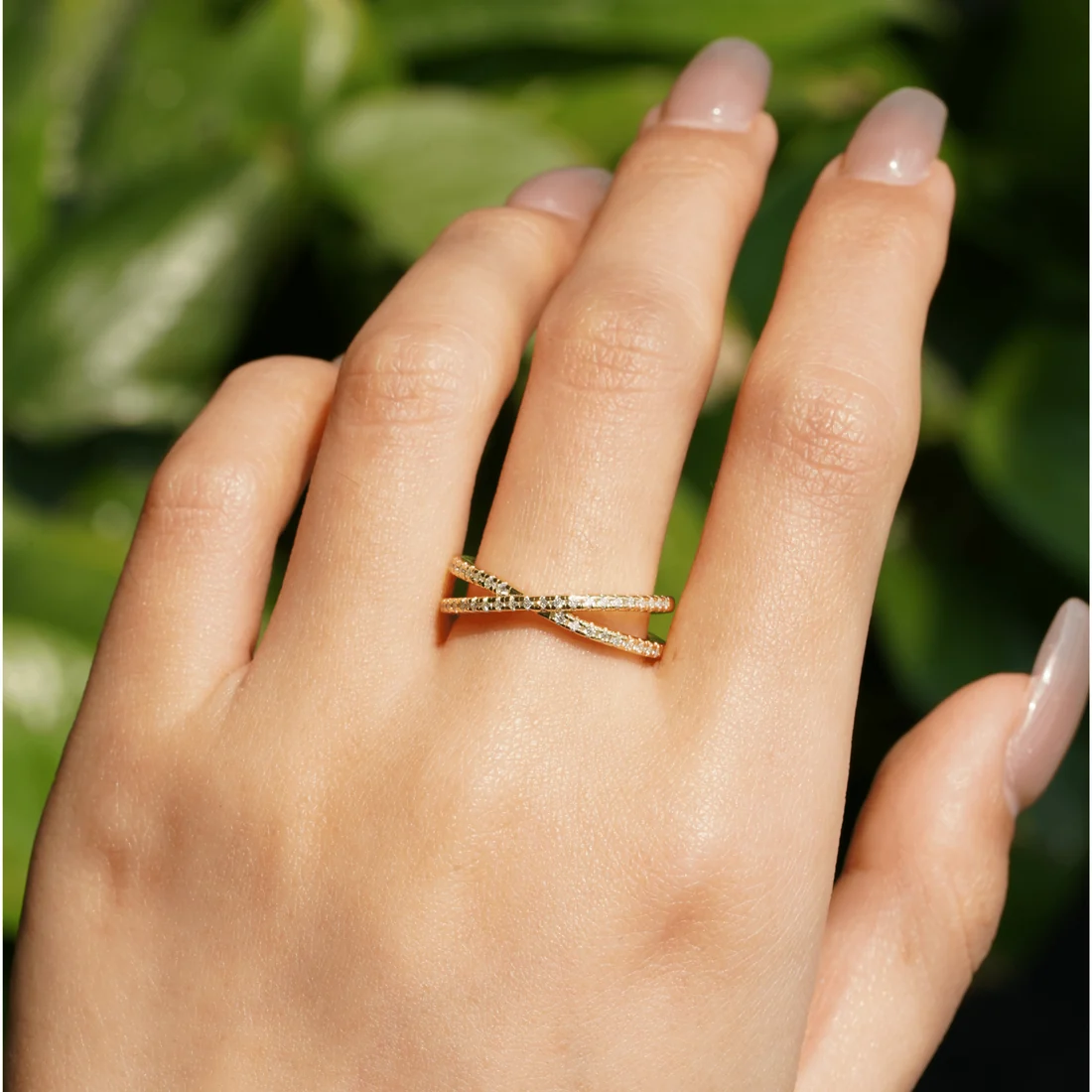 French Pavé Crossover Round Moissanite Wedding Band