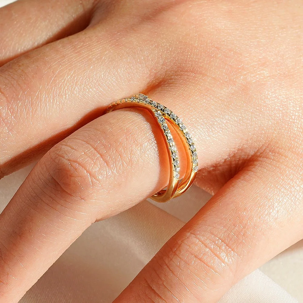 French Pavé Crossover Round Moissanite Wedding Band