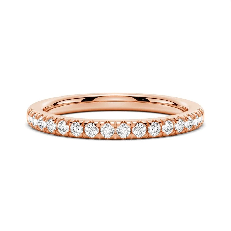 Front view of 1.4mm rose gold French pave moissanite wedding band