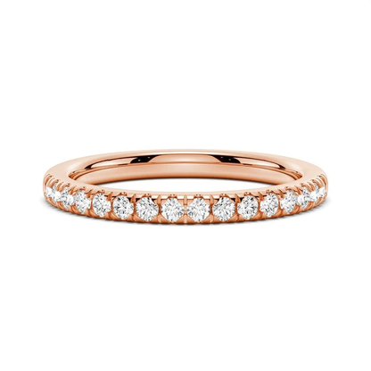 Front view of 1.4mm rose gold French pave moissanite wedding band