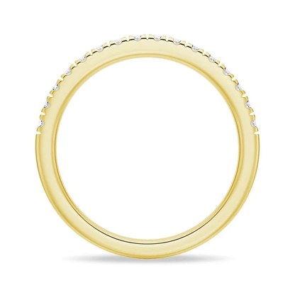 Full circle profile view of yellow gold French pave moissanite wedding band