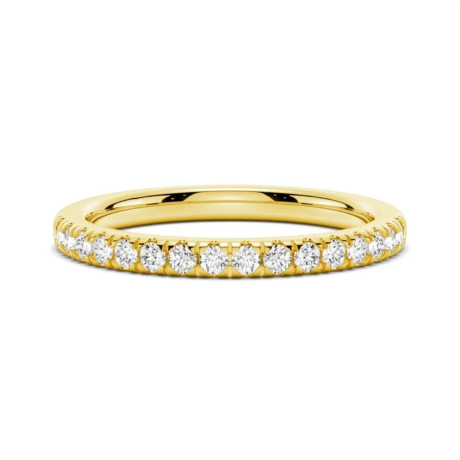 Front view of 1.4mm yellow gold French pave moissanite wedding band