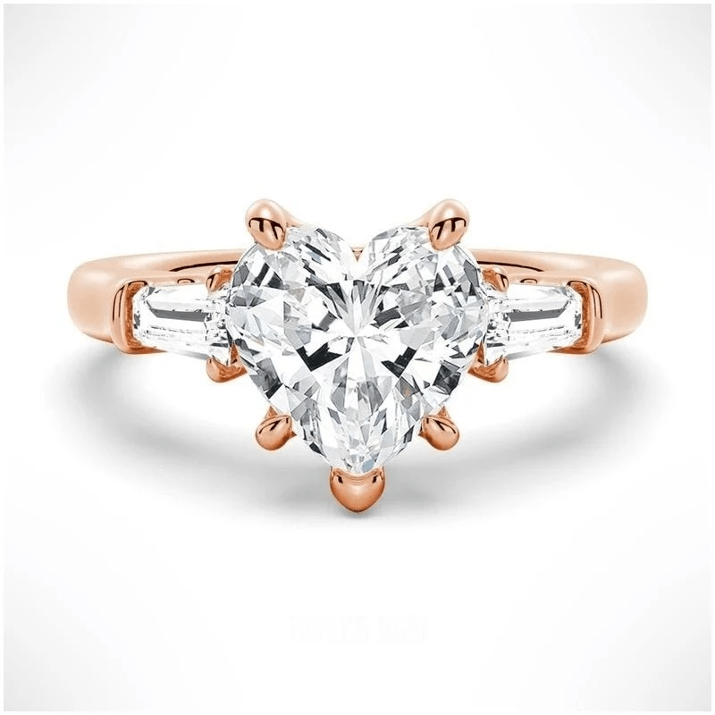 Heart-Cut Moissanite Three-Stone Engagement Ring with Baguette Accents - Novelle Vow