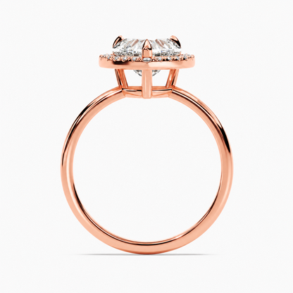 Rose gold heart shaped moissanite halo engagement ring direct side profile view showing halo platform