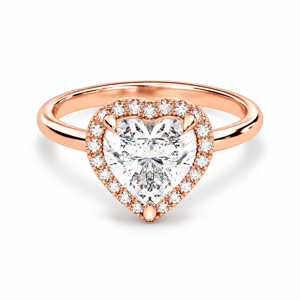 Rose gold heart shaped moissanite halo engagement ring top view with plain band