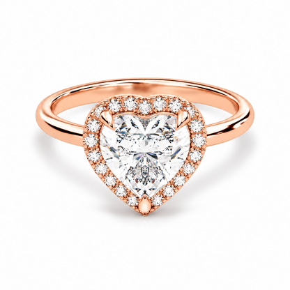 Rose gold heart shaped moissanite halo engagement ring top view with plain band