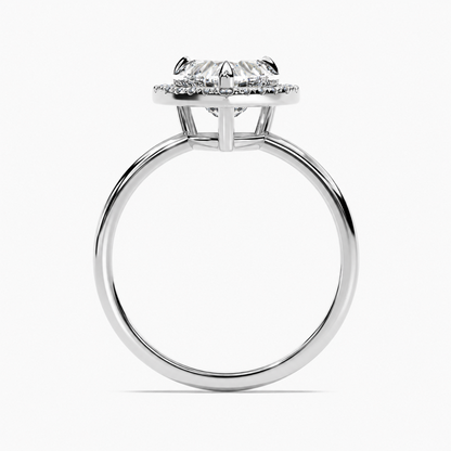 White gold heart shaped moissanite halo engagement ring direct side profile view showing halo platform