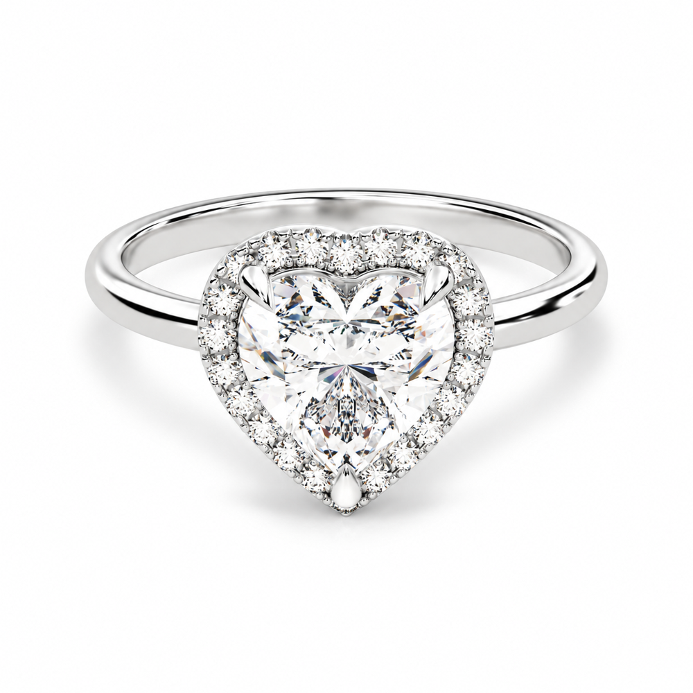 White gold heart shaped moissanite halo engagement ring top view with plain band-Novelle Vow
