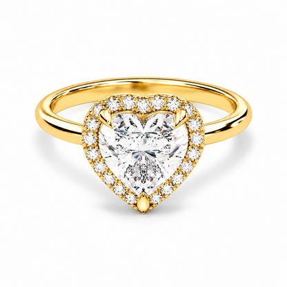 Yellow gold heart shaped moissanite engagement ring top view with round moissanite halo