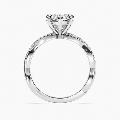 White gold heart shaped moissanite engagement ring direct side profile view showing twisted band