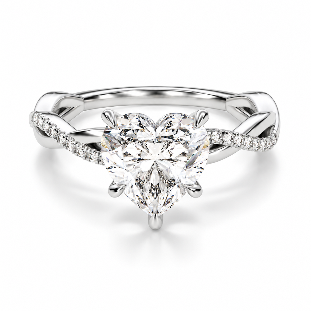 White gold heart shaped moissanite engagement ring top view with twisted pave moissanite band-Novelle Vow