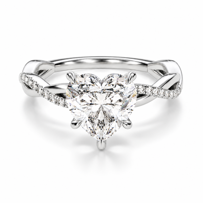 White gold heart shaped moissanite engagement ring top view with twisted pave moissanite band-Novelle Vow