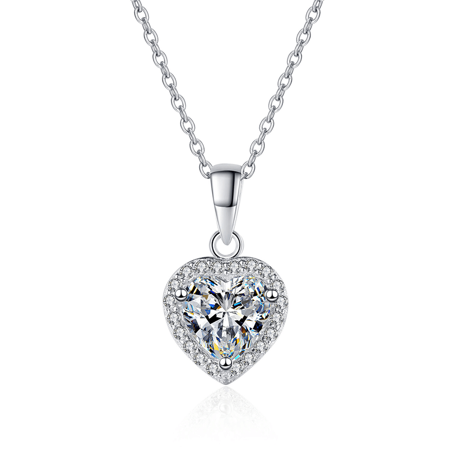 Heart Shaped Moissanite Halo Pendant Necklace in Sterling Silver - Novelle Vow