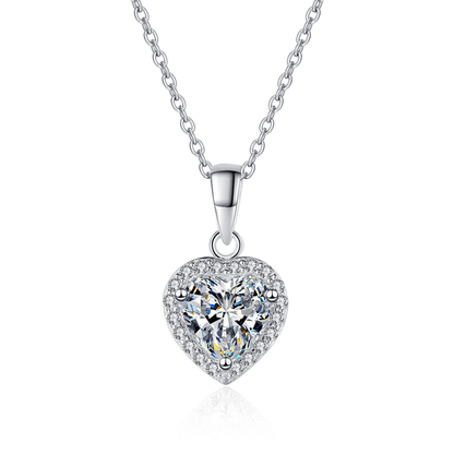 Heart Shaped Moissanite Halo Pendant Necklace in Sterling Silver - Novelle Vow