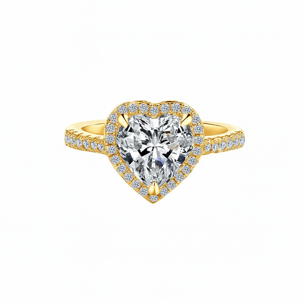 Heart Shaped Moissanite Halo Engagement Ring with Pave Band in Yellow Gold - Novelle Vow