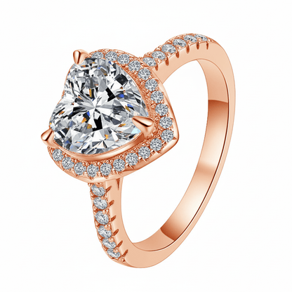 Angled profile view of Heart Shaped Moissanite Halo Engagement Ring with Pave Band in Rose Gold - Novelle Vow