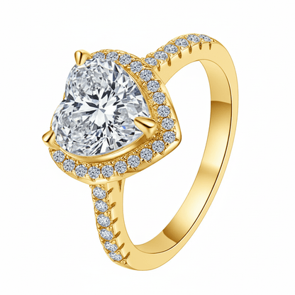 Angled profile view of Heart Shaped Moissanite Halo Engagement Ring with Pave Band in Yellow Gold - Novelle Vow