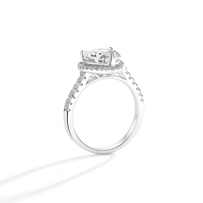 Profile view of Heart Shaped Moissanite Halo Engagement Ring with Pave Band in White Gold - Novelle Vow