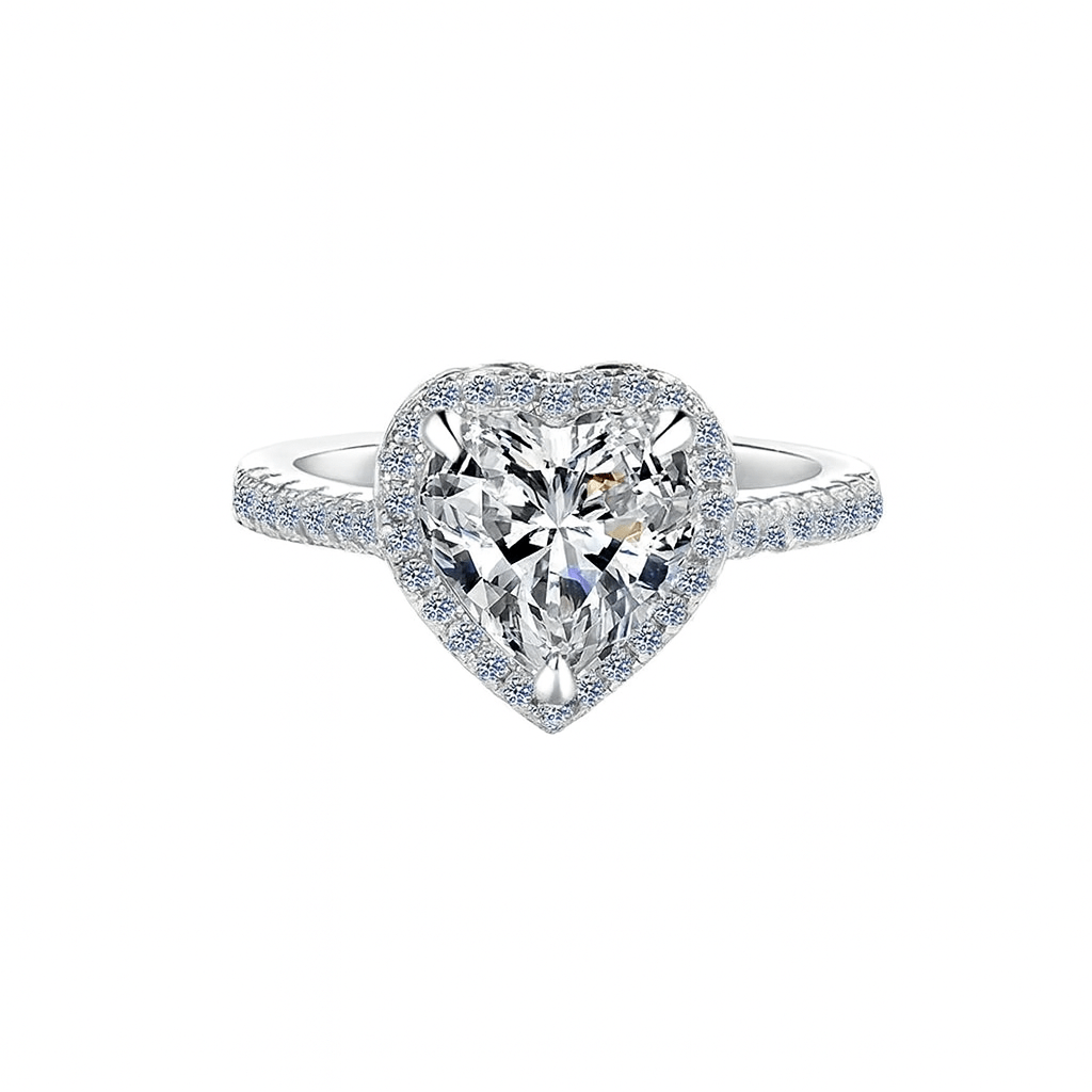 Heart Shaped Moissanite Halo Engagement Ring with Pave Band in White Gold - Novelle Vow