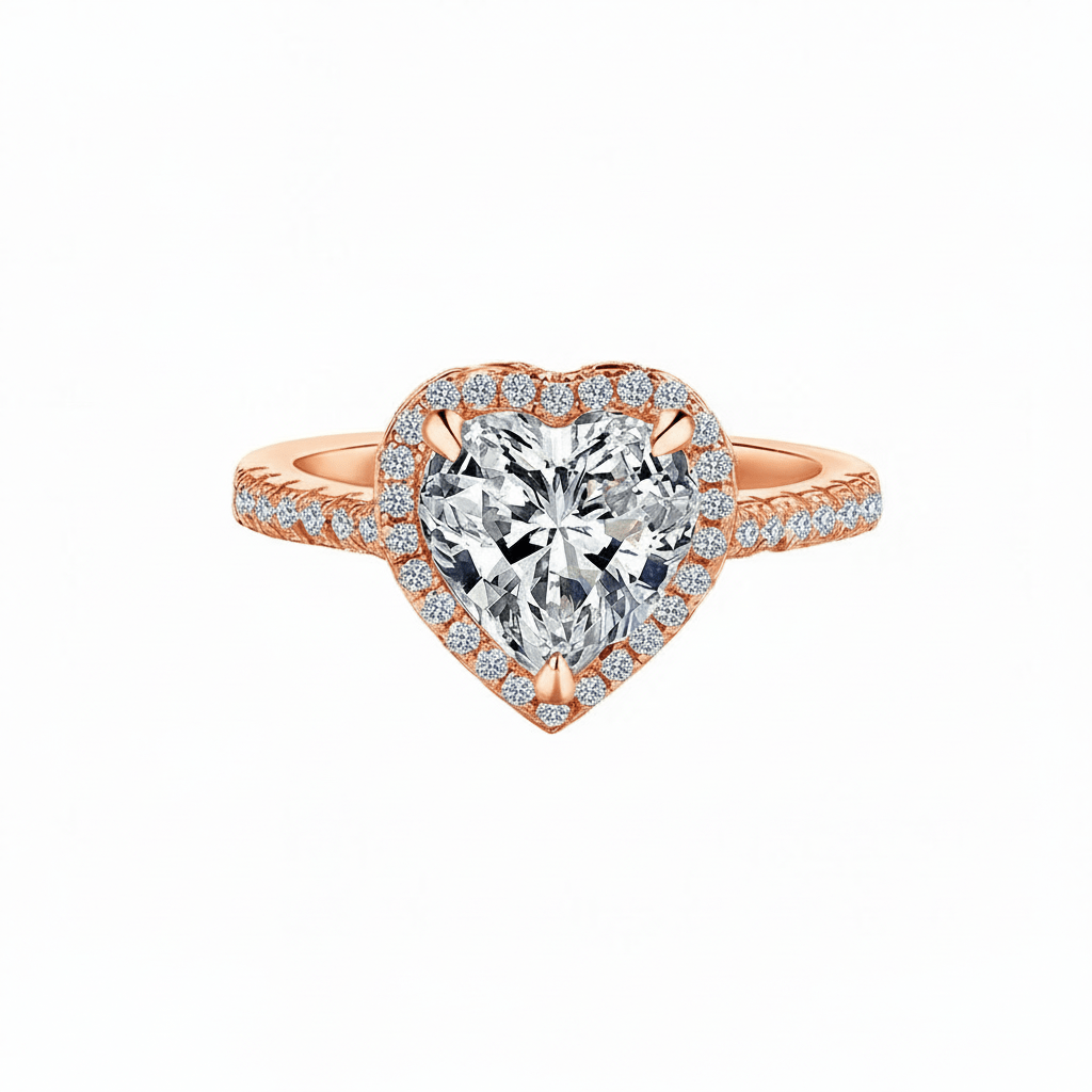 Heart Shaped Moissanite Halo Engagement Ring with Pave Band in Rose Gold - Novelle Vow