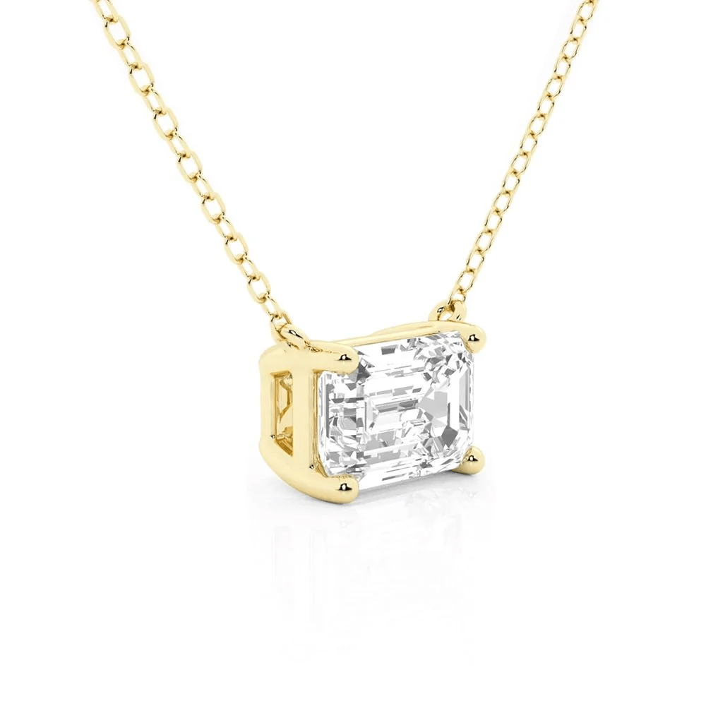 Profile view of Horizontal East-West Set Emerald Cut Moissanite Solitaire Necklace in Yellow Gold