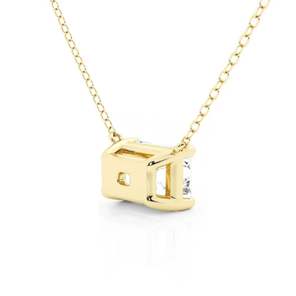 Angled profile view of Horizontal East-West Set Emerald Cut Moissanite Solitaire Necklace in Yellow Gold