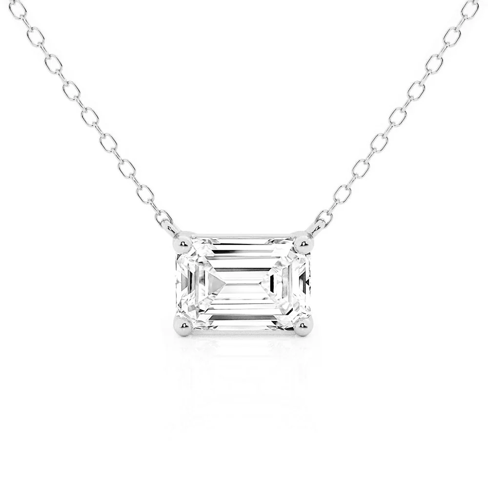 Horizontal East-West Set Emerald Cut Moissanite Solitaire Necklace in Sterling Silver - Novelle Vow