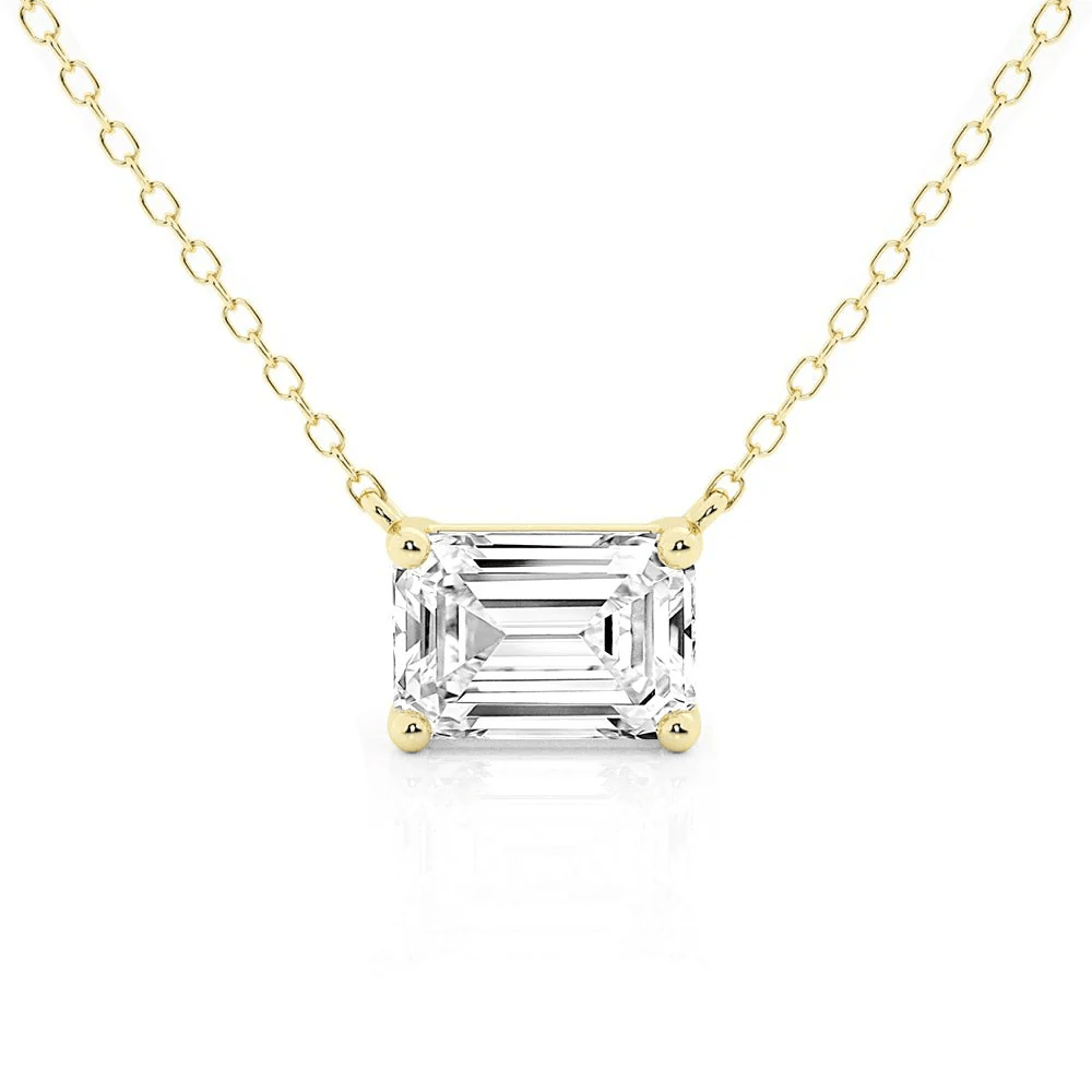 Horizontal East-West Set Emerald Cut Moissanite Solitaire Necklace in Yellow Gold