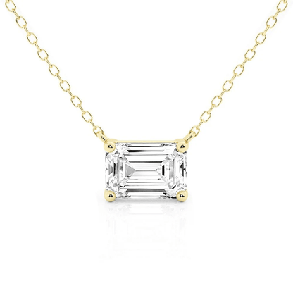 Horizontal East-West Set Emerald Cut Moissanite Solitaire Necklace in Yellow Gold