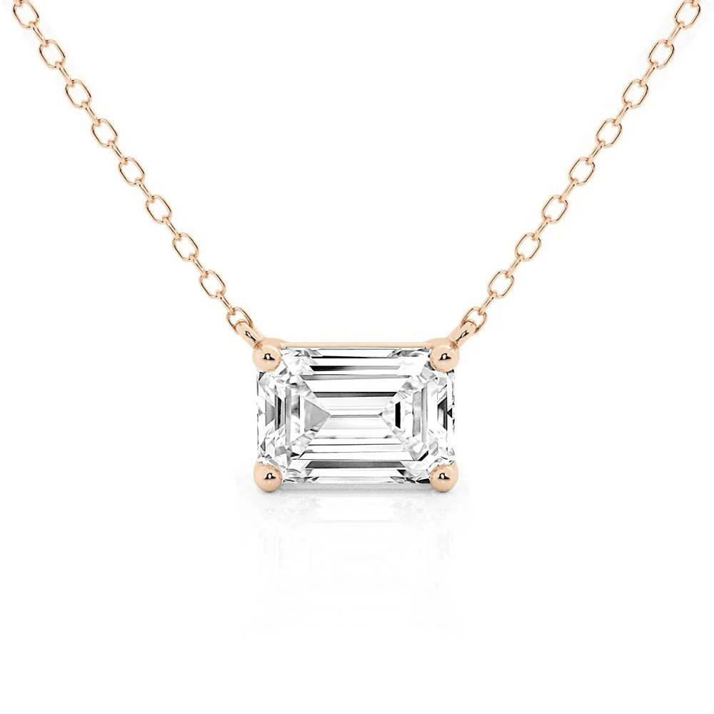 Horizontal East-West Set Emerald Cut Moissanite Solitaire Necklace in Rose Gold 