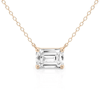 Horizontal East-West Set Emerald Cut Moissanite Solitaire Necklace in Rose Gold 