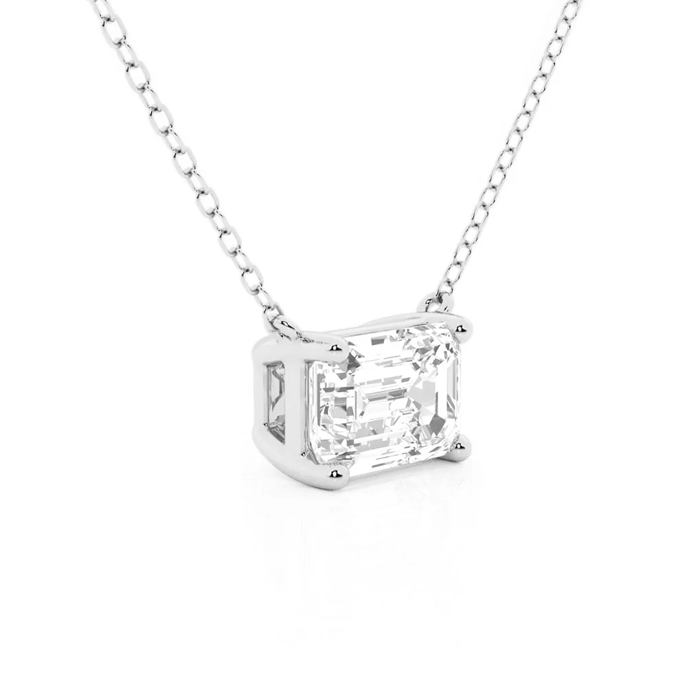 Angled profile view of  Horizontal East-West Set Emerald Cut Moissanite Solitaire Necklace in Sterling Silver