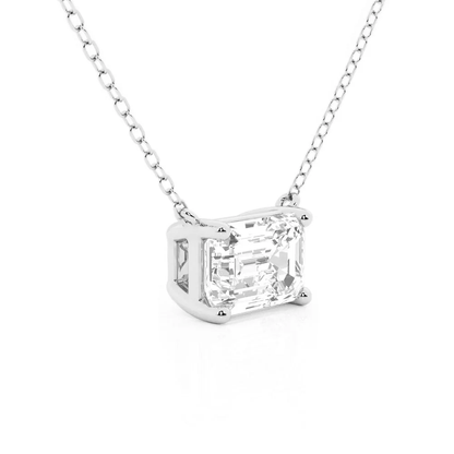 Angled profile view of  Horizontal East-West Set Emerald Cut Moissanite Solitaire Necklace in Sterling Silver