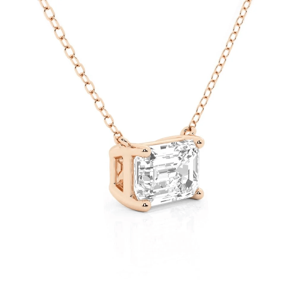Profile view of Horizontal East-West Set Emerald Cut Moissanite Solitaire Necklace in Rose Gold