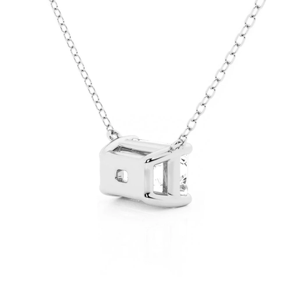 Angled profile view of  Horizontal Emerald Cut Moissanite Solitaire Necklace