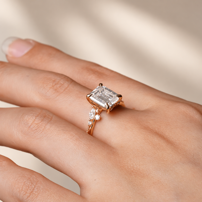 Emerald-Cut Moissanite Engagement Ring with Botanical Vine Band