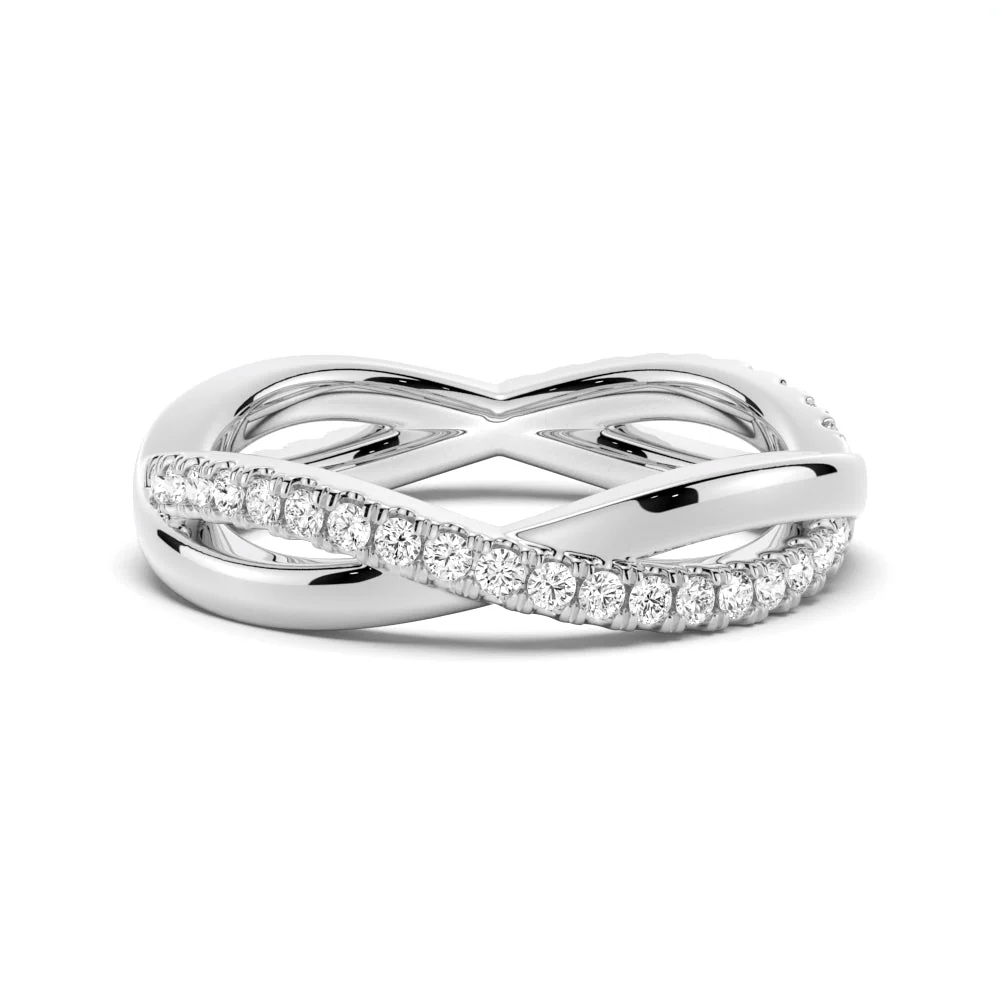 NOVELLE VOW front view of infinity crossover pave round moissanite wedding band in white