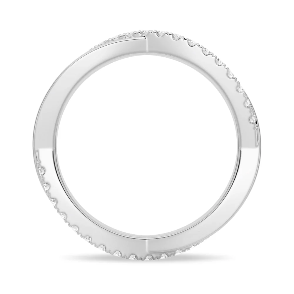 Full profile view of interweaving infinity pave moissanite wedding band in white gold