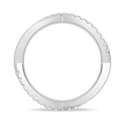 Full profile view of interweaving infinity pave moissanite wedding band in white gold