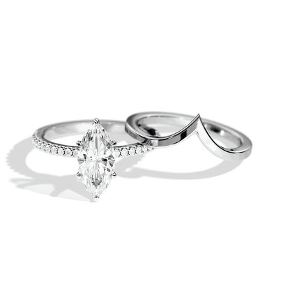 Marquise-Cut Moissanite Bridal Set with V-Shaped Wedding Band - Novelle Vow
