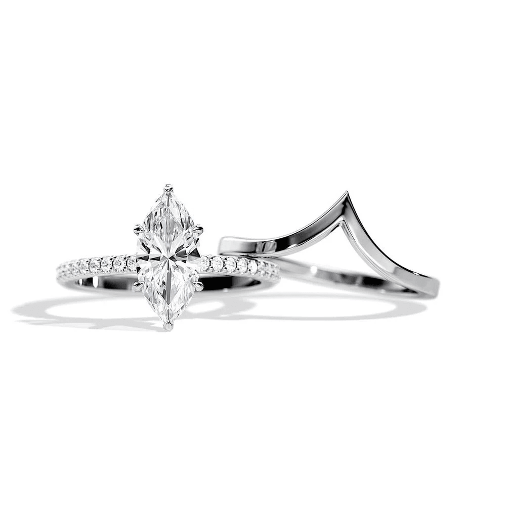 Marquise-Cut Moissanite Bridal Set with V-Shaped Wedding Band - Novelle Vow