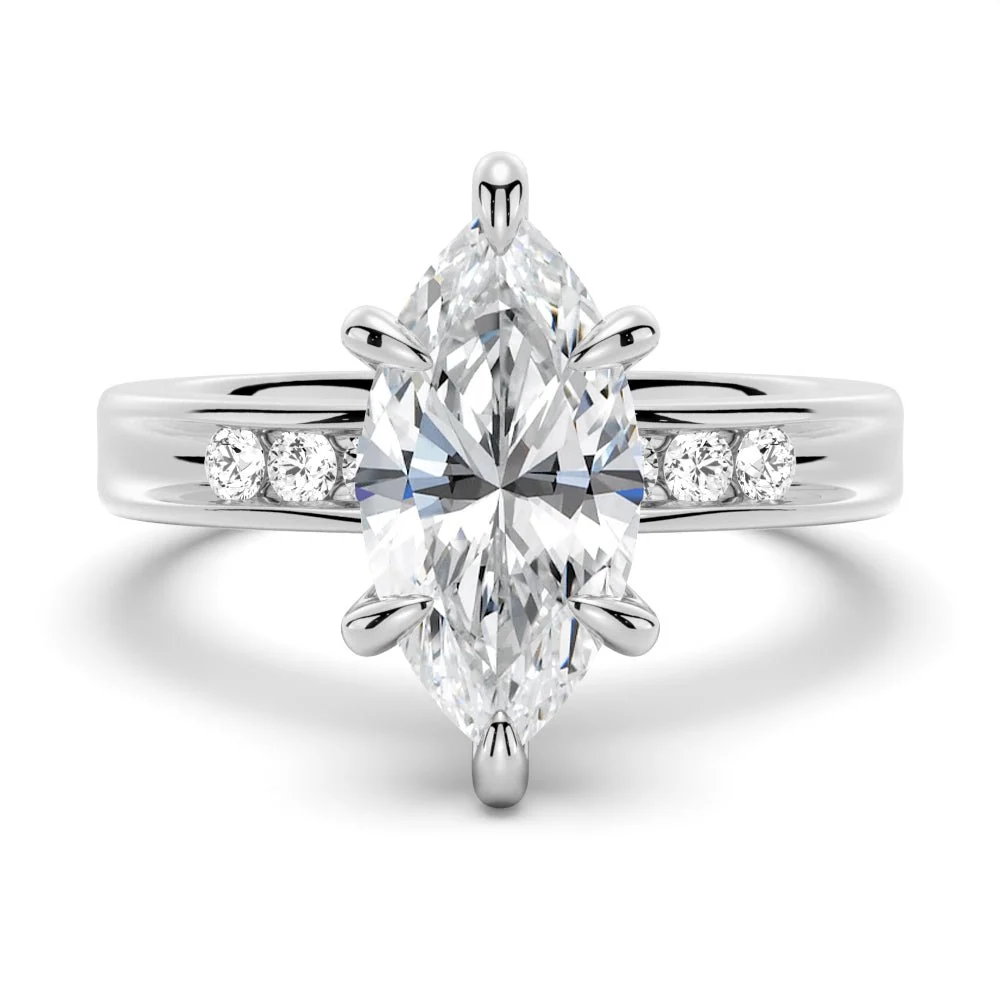 White gold marquise cut moissanite engagement ring direct side profile view showing head crown-Novelle Vow
