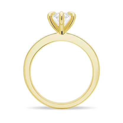 Yellow gold marquise cut moissanite engagement ring direct side profile view showing head crown