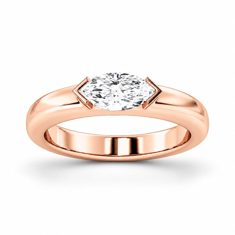 Rose gold marquise cut moissanite east-west half bezel solitaire ring top view