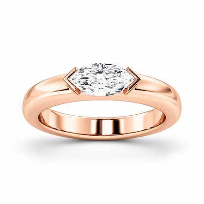 Rose gold marquise cut moissanite east-west half bezel solitaire ring top view