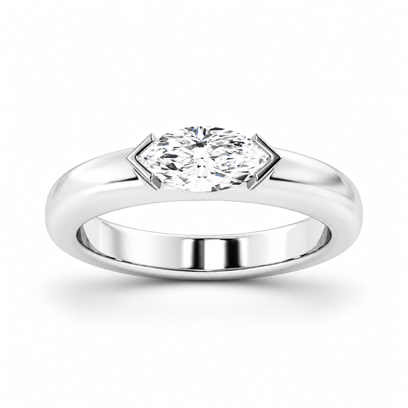 White gold marquise cut moissanite east-west half bezel solitaire ring top view-Novelle Vow