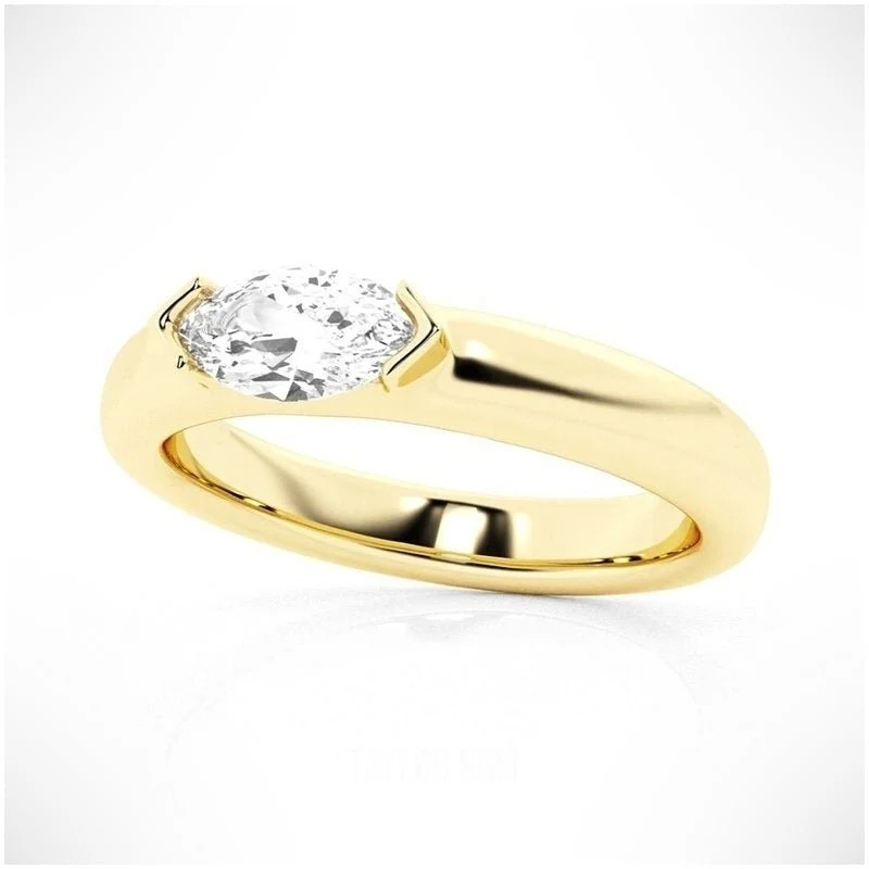 Yellow gold marquise cut moissanite east-west half bezel solitaire ring 3/4 side view