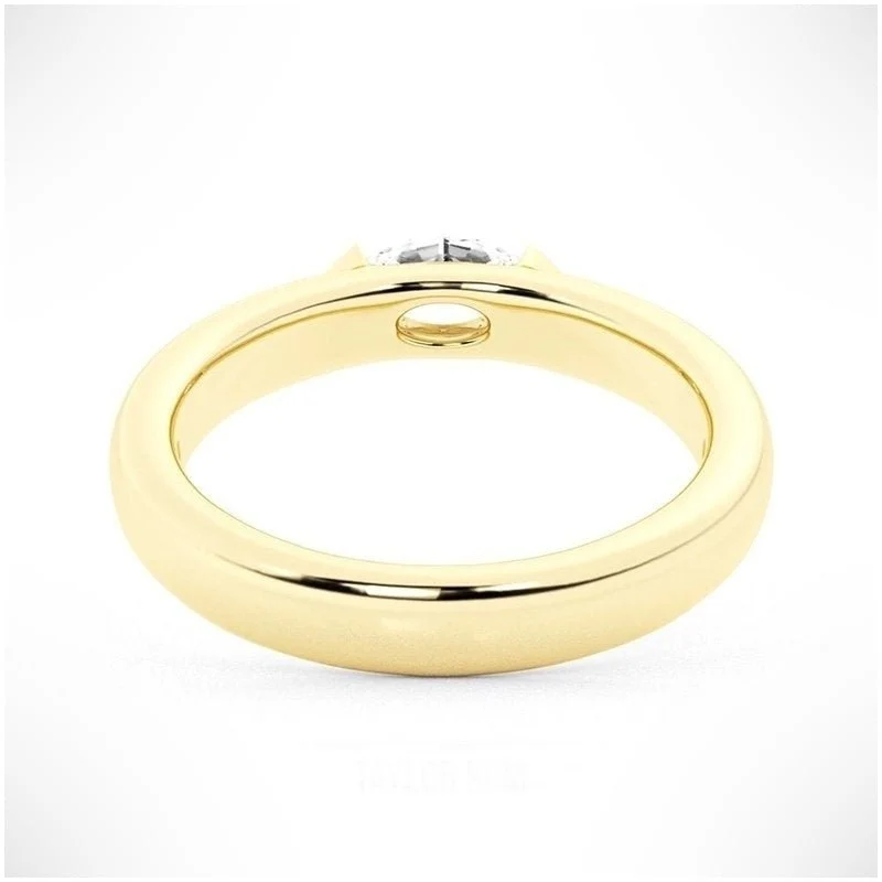 Yellow gold marquise cut moissanite east-west half bezel solitaire ring direct side profile view showing under-gallery hole